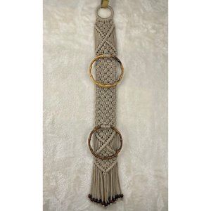 Vintage Macrame Double Bamboo Ring Hanger with Beads, Woven Towel Hanger